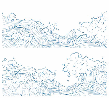 Japanese water wave line art with traditional ocean patterns - flowing blue outlines, foam clouds and splash details on white background. Oriental style border elements for minimalist cultural design.のイラスト素材