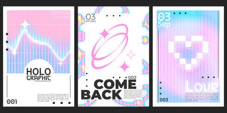 Retro y2k poster set with gradient background designs and holographic elements for events. Pink, blue and purple colorful layouts with geometric shapes and typography. Modern aesthetic templatesのイラスト素材