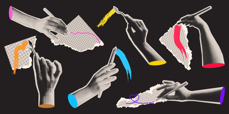 Artistic y2k halftone hand gestures with colorful paint strokes and grid papers for retro digital art or collage designs. Monochrome arms with pen and pencil, artistic brushes for contemporary posterのイラスト素材