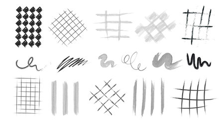 Hand drawn crayon grid patterns with crosshatch textures, brush strokes and scribbles for artistic backgrounds or overlays. Black and gray markings with rough edges. Organic graphic design elements.のイラスト素材