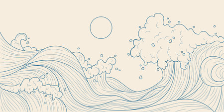 Traditional Japanese water wave illustration with flowing ocean lines, foam details, sun circle and droplets for oriental art or decorative backgrounds. Blue outline drawing of classic sea patternのイラスト素材