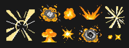 Retro pixel explosions with flames, sparks and blast effects for 8 bit games or digital art. Light bursts with smoke clouds and particles. Classic arcade style action scenes or special effects.のイラスト素材