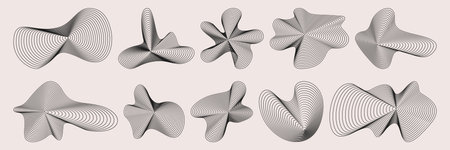 Black amorphous shapes with ripple line patterns for modern abstract geometric designs. Flowing forms with wavy stripes or parallel curves for contemporary art projects and digital backgrounds.のイラスト素材