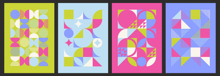 Bauhaus geometric cover designs with vibrant abstract shapes - circles, triangles and squares in...
