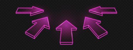 Neon arrow ui elements with glowing pink outlines and directional indicators for interface design. Bright pointer shapes on dark bg with electric glow. Digital navigation buttons and futuristic signs.のイラスト素材