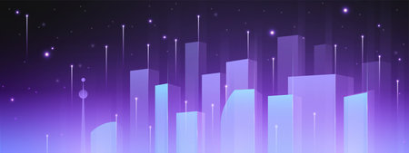 Futuristic city skyline with blue skyscrapers. Vector realistic illustration of modern cityscape with neon high-rise buildings and global network lines, digital world architecture, presentation designのイラスト素材