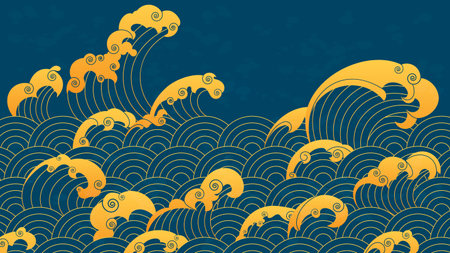 Japanese Asia wave patterns with golden line curves and spiral motifs on blue ocean background for...