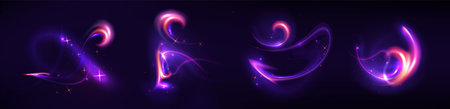 Magic neon swirls set isolated on black background. Vector realistic illustration of abstract color waves glowing in dark, fantasy fairy trail, shimmering purple, blue and orange glitter dust effectのイラスト素材