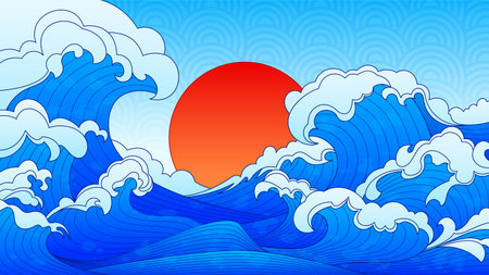 Ocean with Asia inspired line wave patterns and red sun for traditional art. Blue water with spiral pattern and red sunset orb with white foam. Classic Japanese maritime scene for cultural decorationのイラスト素材