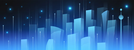 Futuristic tech cityscape with AI data streams and glowing blue buildings for digital visualization. Neon vertical lines with stars on smart urban network. Modern background for presentation.のイラスト素材