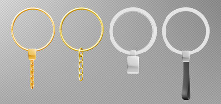 Keychain collection with golden and silver rings for souvenir or accessory mockup design. Metal circles with chains, square pendant and cylindrical holder on transparent background. Gift keyrings set.のイラスト素材