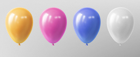 Realistic balloon set with transparent bg for party decoration - yellow and pink, blue and white colors with glossy surface. Inflated rubber spheres or helium decorations for birthday celebration.のイラスト素材