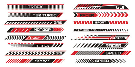 Racing stripe decals with motorcycle stickers for vehicle customization - dynamic patterns, checkered flags and bold graphics. Sport themed designs with arrows for automotive or bike decoration.のイラスト素材