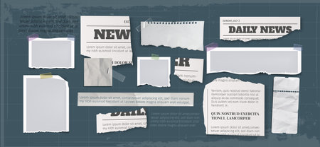 Realistic retro scrapbook newspaper clippings with torn edges and vintage typography, instant photo frames for collage or journal decoration. Paper scraps collection with adhesive tape pieces.のイラスト素材