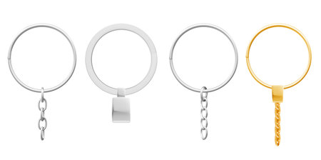 Metal keychain rings with silver chains and golden holder for keys or accessories. Chrome split circles with links and brass loop. Blank holders for customization or promotional pennant gifts.のイラスト素材