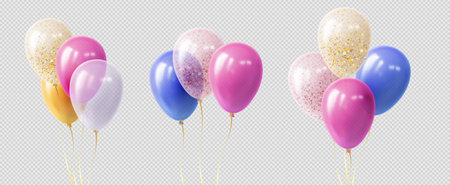 Color air balloons with golden ribbons on transparent background. Vector realistic illustration of pink, blue, yellow balls with yellow confetti, decoration for birthday card and anniversary bannerのイラスト素材