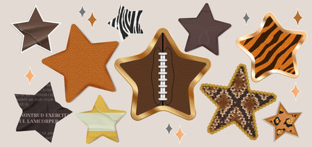 Creative paper star collage with zebra and tiger patterns for scrapbook decoration. Brown gold...