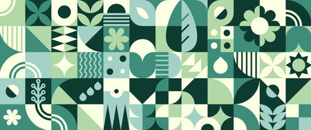 Geometric bauhaus pattern with green plant motifs - abstract leaves, flowers, leaves and circles in...