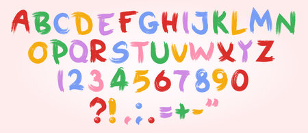 Colorful hand painted alphabet in crayon style for kid typography. Bright multicolor brushstroke letters, digits and punctuation symbols with playful artistic texture on light pink background.のイラスト素材