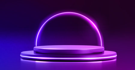 Round 3d podium with neon blue and purple backlight. Vector realistic illustration of two-tier stage for product presentation with bright shining semicircle on background, award ceremony pedestalのイラスト素材