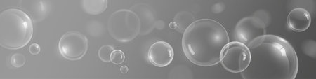 Soap bubbles flying on gray background. Vector realistic illustration of detergent, shampoo or...