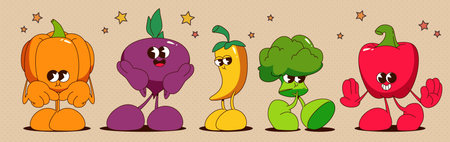 Retro vegetable characters set isolated on background. Vector cartoon illustration of comic pumpkin, beet, pepper, broccoli mascots with smiling faces, hands and feet, cute veggie stickers collectionのイラスト素材