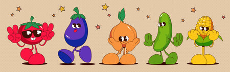 Retro vegetable characters set isolated on background. Vector cartoon illustration of comic tomato, eggplant, onion, cucumber, corn mascots with smiling faces, hands and feet, veggie stickers packのイラスト素材