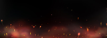 Glowing fire spark particles with orange embers flying upward on dark background for energy effects or heat visuals. Burning fragments and hot flakes at night. Welding or bonfire atmosphere overlay.のイラスト素材