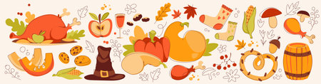 Autumn thanksgiving dinner collection with roasted turkey and pumpkin, corn and seasonal harvest for holiday designs. Cozy socks and cookies, pretzel and barrel with leaves. Festive food set.のイラスト素材