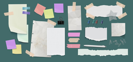 Notebook papers, stickers and adhesive tapes for collage and scrapbook design. White clean and dirty white and grid notepad pages, colorful memo sheets with pen and binder, paperclips and pinsのイラスト素材