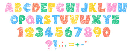 Color crayon alphabet and numbers set isolated on white background. Vector cartoon illustration of hand drawn pastel letters, figures and punctuation marks, childish font for school banner, doodle artのイラスト素材