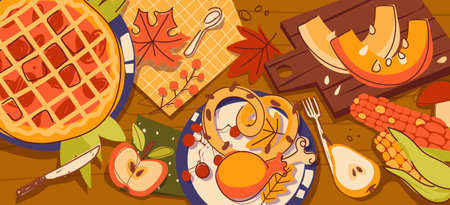 Cozy thanksgiving dinner spread with pumpkin pie, roasted turkey leg and corn for autumn celebrations or harvest festivals. Apple slices, pear and maple leaves on wooden table. Seasonal feast.のイラスト素材