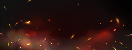 Fire spark background with glowing flame particles and smoke effect on dark surface. Burning flying embers in orange, yellow and red colors with motion blur and heat distortion. Hot burning bg.のイラスト素材
