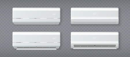 White air condition units with 3d realistic design and temperature display for home interior cooling or warming. Modern split system equipment set. Indoor climate control appliances collection.のイラスト素材