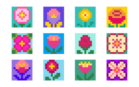 Retro style pixel art flowers set isolated on white background. Vector illustration of 8-bit floral...