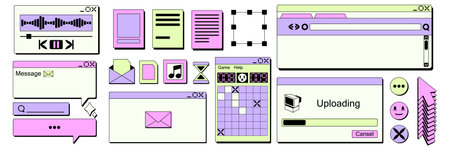 Y2K sticker collection with retro computer interface elements in pastel colors. Nostalgic 90s...
