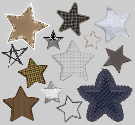 Decorative star collage collection with metallic and notebook paper, woven and blue denim fabric, textured patterns with glitter for modern design. Silver chrome elements and wicker surfaces.のイラスト素材