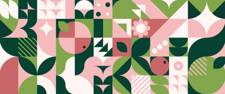 Modern bauhaus geometric pattern with plant motifs - abstract leaves, circles and squares in pink,...