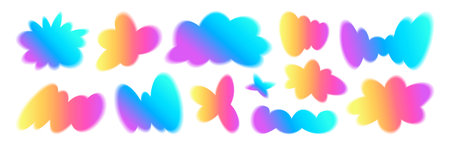 Colorful gradient blur groovy blob elements set - rainbow daisy and clouds shapes, organic forms for vintage style. Funky flowers with fluffs, curves and cumulus patterns in retro aesthetic.のイラスト素材