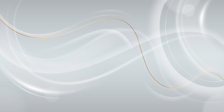 Elegant silver background with golden waves. Vector realistic illustration of luxury backdrop with abstract gold lines and light flare spots, smooth silky texture, modern award presentation templateのイラスト素材