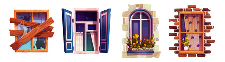 Illustrated window shutter designs with wooden planks, open shutters with wardrobe, arched stone frame with flowers and brick wall opening. Colorful interiors for building facades or game backgrounds.のイラスト素材