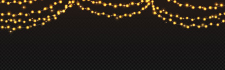 Holiday garland lights isolated on transparent background. Vector realistic illustration of yellow fairy light strings shining bright, Christmas card or birthday party decoration, festival designのイラスト素材