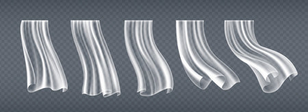 Transparent white curtains set isolated on background. Vector realistic illustration of tulle fabric drape flying in wind, home textile with soft folds, breeze blowing in silky tulle, chiffon textureのイラスト素材