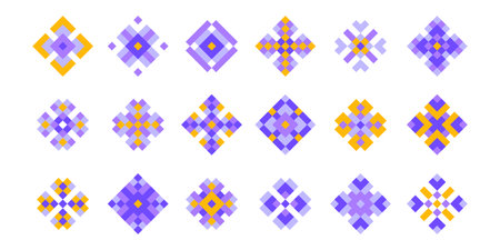 Pixel art flower icons in y2k style. Game 8 bit graphic forms of geometric embroidery patterns....