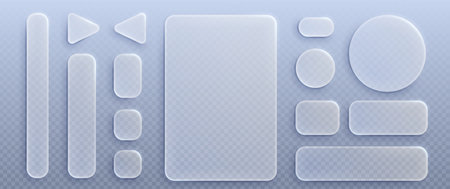 Liquid glass ui design elements set isolated on transparent background. Vector realistic illustration of rectangle, round, triangle shape windows and buttons, computer app interface, game iconsのイラスト素材