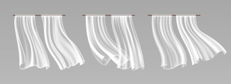 Window curtain cloth collection with flowing white fabric on wooden rods for interior decoration and home design. Transparent drapes, billowing textile panels and soft material for room inside.のイラスト素材