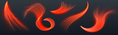 Red flare streak light set with neon wave lines on transparent background. Glowing curved motion trails in various shapes with dynamic energy effects for speed, magic or futuristic technology design.のイラスト素材