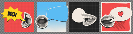 Halftone mouth speech bubbles set isolated on color backgrounds. Contemporary vector illustration of...