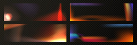 Film leak light effect with flare overlay on transparent background. Vintage photo filter set - rainbow grain spectrum, orange glow, blue and red colors for old retro photography aesthetics.のイラスト素材