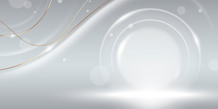 Luxury silver background with abstract white circular podium and golden wavy lines. Elegant award presentation stage with glitter particles, soft light reflections - design for certificate template.のイラスト素材